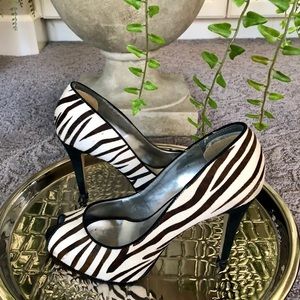 Guess by Marciano mohair Zebra peep toe heels